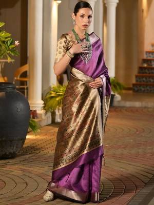 Purple purple woven designer saree with contrast border 1