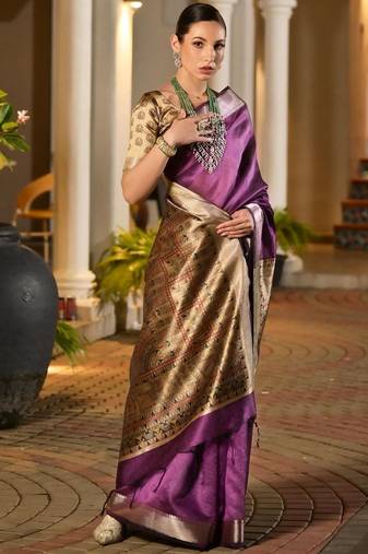 Purple purple woven designer saree with contrast border