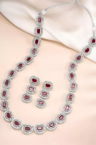 Silver plated maroon cubic zirconia & synthetic stone studded