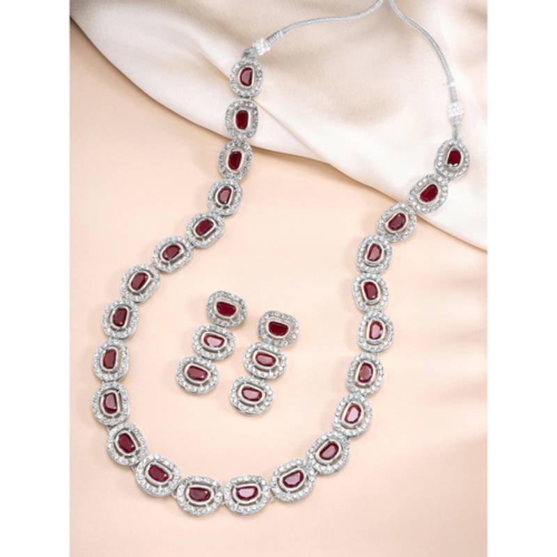 Silver plated maroon cubic zirconia & synthetic stone studded