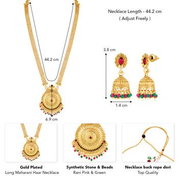 Women's gold toned rani pink & green synthetic stone studded long maharani 4