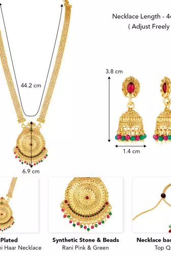 Women's gold toned rani pink & green synthetic stone studded long maharani