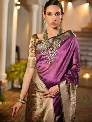 Purple purple woven designer saree with contrast border 2