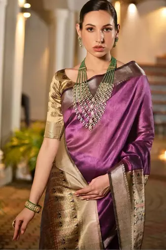 Purple purple woven designer saree with contrast border