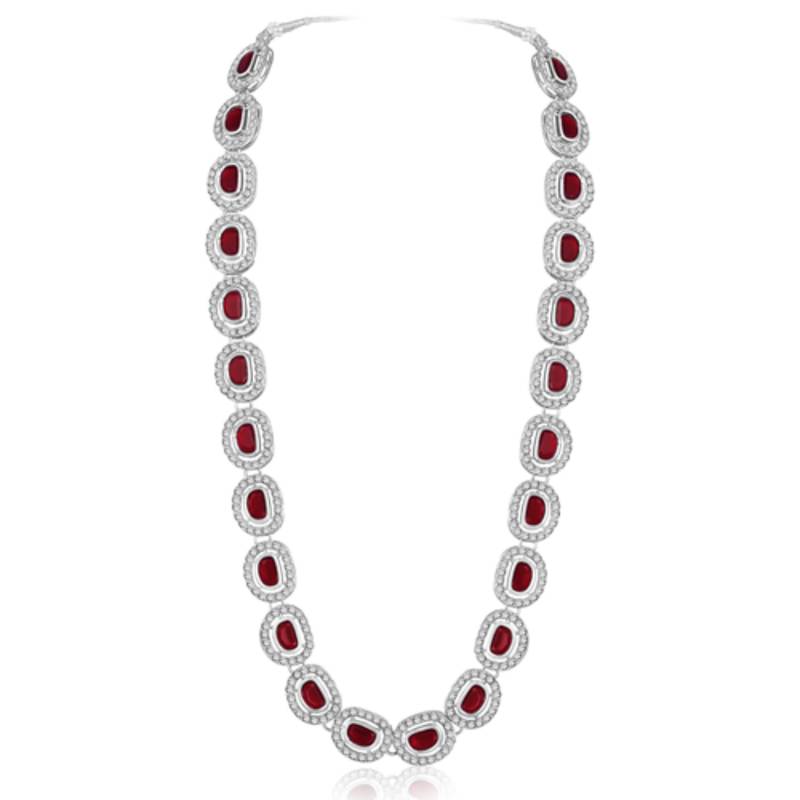 Silver plated maroon cubic zirconia & synthetic stone studded