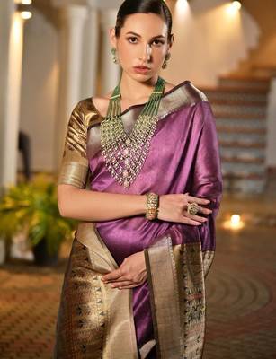 Purple purple woven designer saree with contrast border 3
