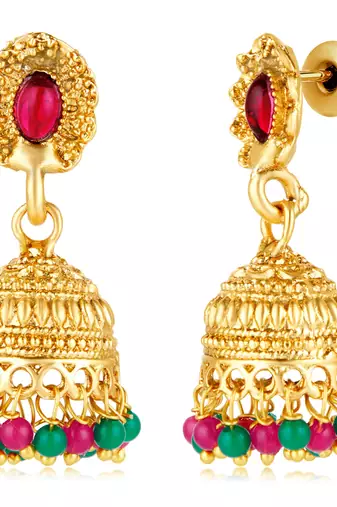 Women's gold toned rani pink & green synthetic stone studded long maharani