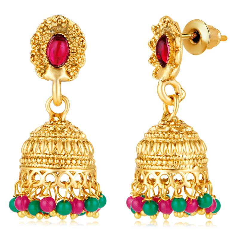 Women's gold toned rani pink & green synthetic stone studded long maharani