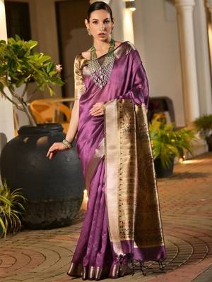 Purple purple woven designer saree with contrast border 4