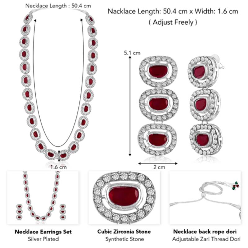 Silver plated maroon cubic zirconia & synthetic stone studded