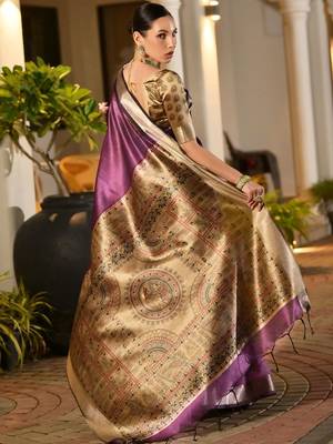 Purple purple woven designer saree with contrast border 5