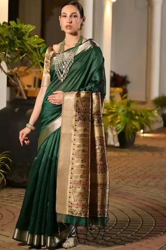 Green green woven designer saree with zari border