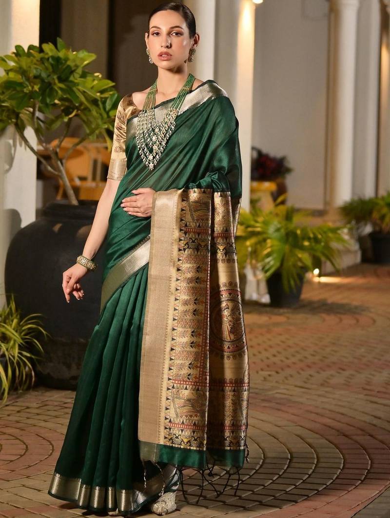 Green green woven designer saree with zari border