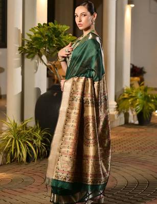 Green green woven designer saree with zari border 2