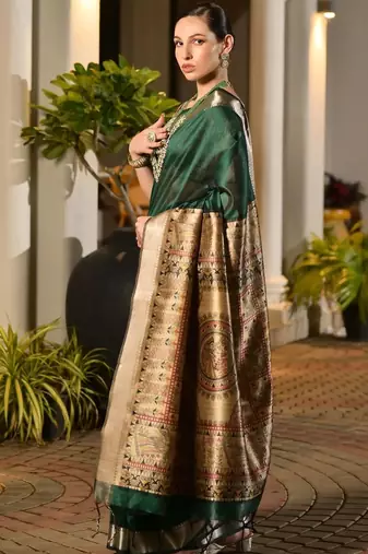 Green green woven designer saree with zari border