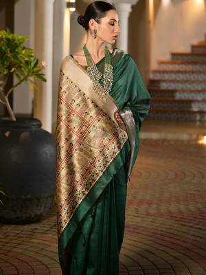 Green green woven designer saree with zari border 4