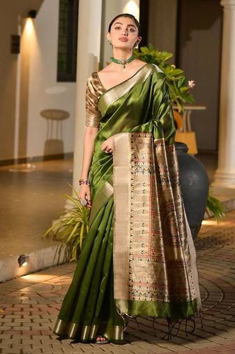 Green light green woven design designer saree with border