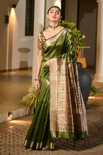 Green light green woven design designer saree with border