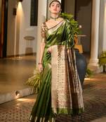 Green light green woven design designer saree with border