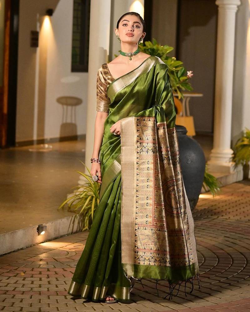Green light green woven design designer saree with border