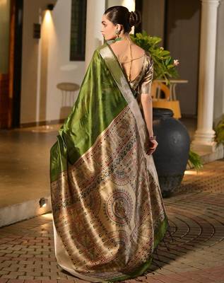 Green light green woven design designer saree with border 2