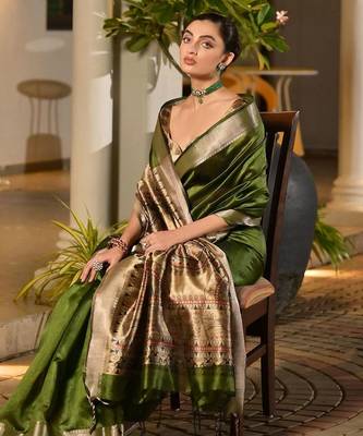 Green light green woven design designer saree with border 3