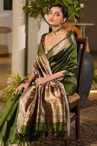 Green light green woven design designer saree with border