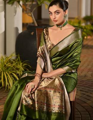 Green light green woven design designer saree with border 4