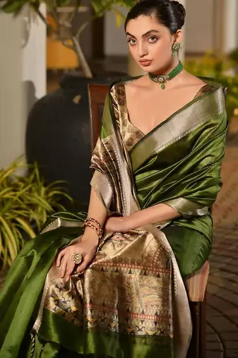 Green light green woven design designer saree with border