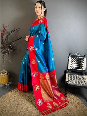 Blue ethnic motifs zari silk blend heavy work banarasi saree 1