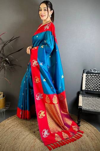 Blue ethnic motifs zari silk blend heavy work banarasi saree