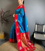 Blue ethnic motifs zari silk blend heavy work banarasi saree