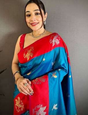 Blue ethnic motifs zari silk blend heavy work banarasi saree 2