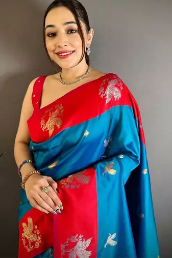 Blue ethnic motifs zari silk blend heavy work banarasi saree