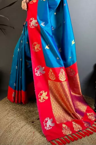 Blue ethnic motifs zari silk blend heavy work banarasi saree