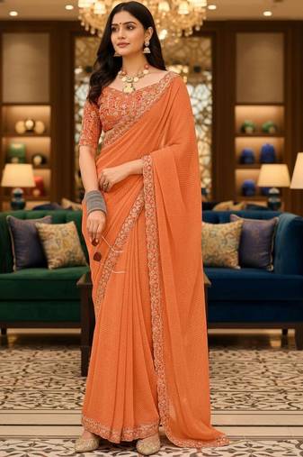 Orange woven design embroidered poly georgette leheriya saree