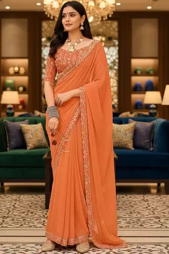 Orange woven design embroidered poly georgette leheriya saree