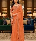 Orange woven design embroidered poly georgette leheriya saree