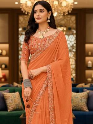 Orange woven design embroidered poly georgette leheriya saree 2