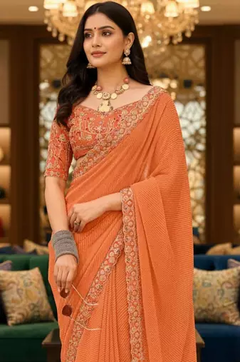 Orange woven design embroidered poly georgette leheriya saree