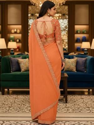 Orange woven design embroidered poly georgette leheriya saree 3