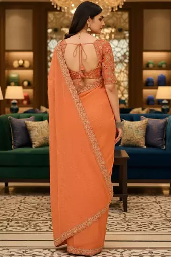 Orange woven design embroidered poly georgette leheriya saree