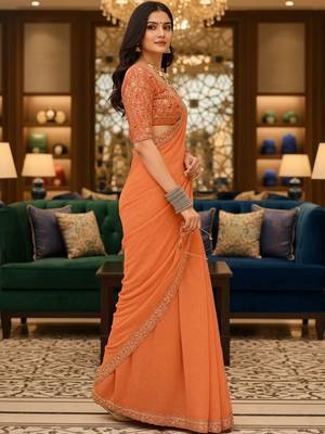 Orange woven design embroidered poly georgette leheriya saree 5