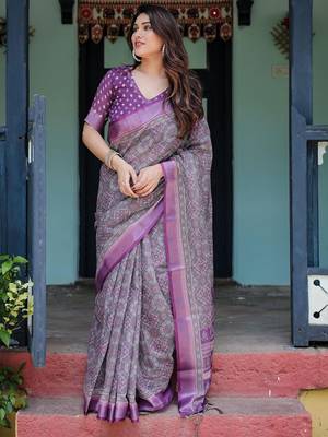 Purple floral printed zari  linen saree 1