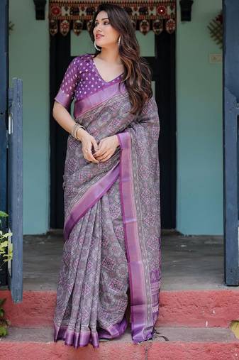 Purple floral printed zari  linen saree