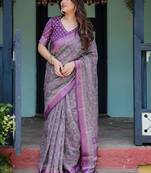 Purple floral printed zari  linen saree