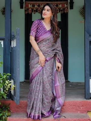 Purple floral printed zari  linen saree 2