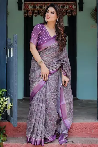 Purple floral printed zari  linen saree