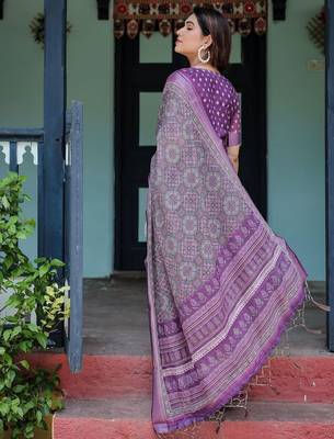 Purple floral printed zari  linen saree 3