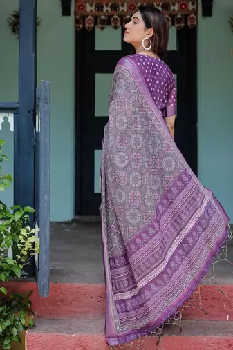 Purple floral printed zari  linen saree